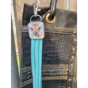 Handmade cow lover boho Leather Fringe Western bag charm, Long fringe keychain